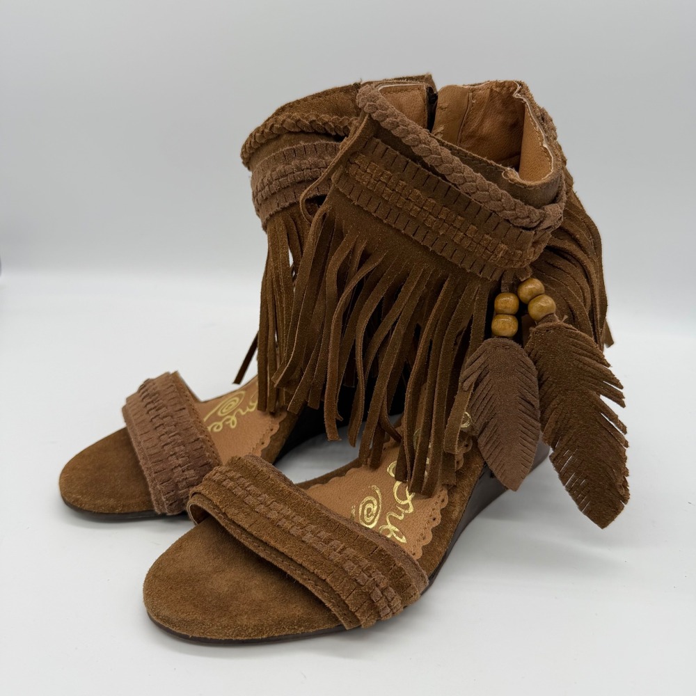 Naughty Monkey NMWE 0031-251 Brown Suede Fringe Wedge Sandals 6